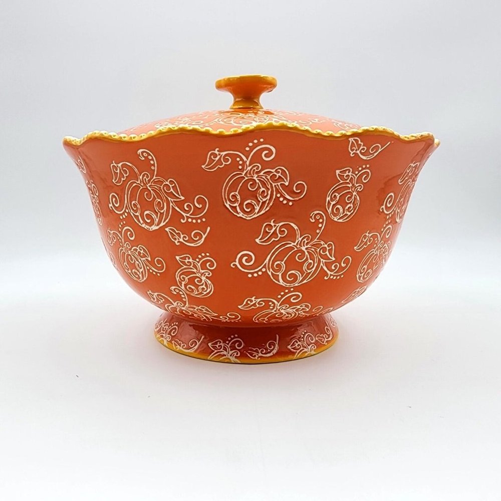 Tara Temptations Pumpkin Floral Lace Serving Bowl w Lid Ovenware Orange 3 quart